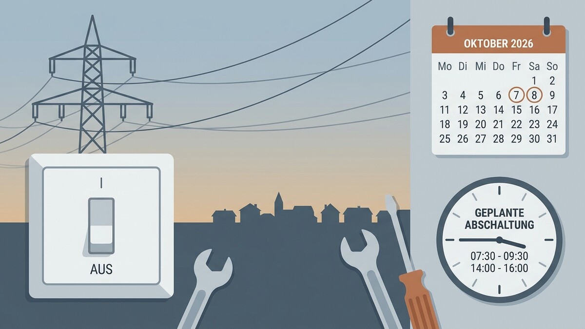 Stromabschaltung Oktober 2026: Kalender mit markierten Tagen, Uhr mit Zeiten, Werkzeuge und Strommast.