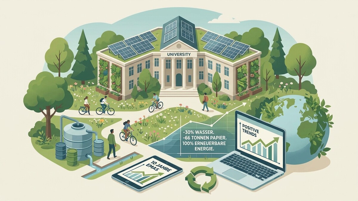 Nachhaltige Universität mit Solaranlagen und grüner Umgebung, Menschen radeln und lernen.