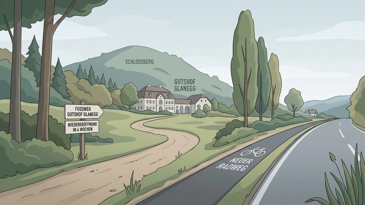 Gutshof Glanegg am Schlossberg mit neuem Radweg und Wegweiser