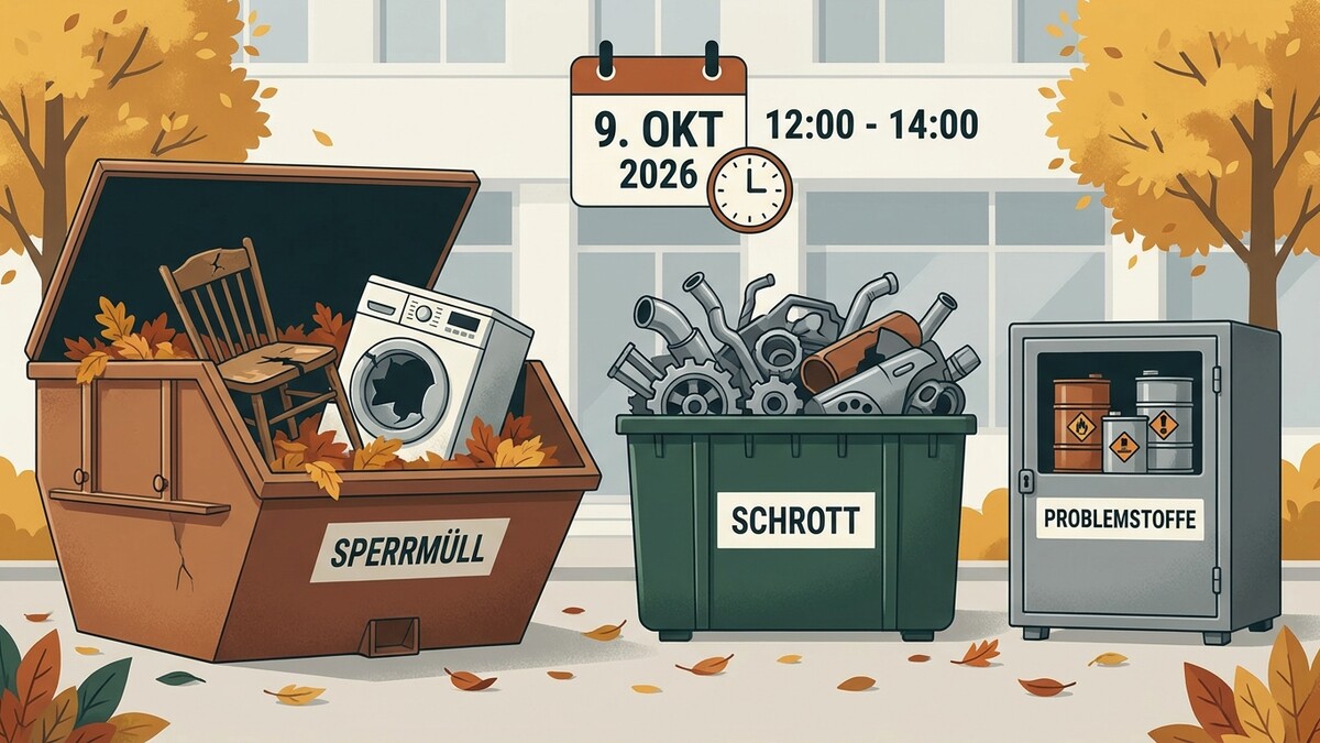 Sperrmüll, Schrott und Problemstoffe Container vor Gebäude, Kalender 9. Okt 2026