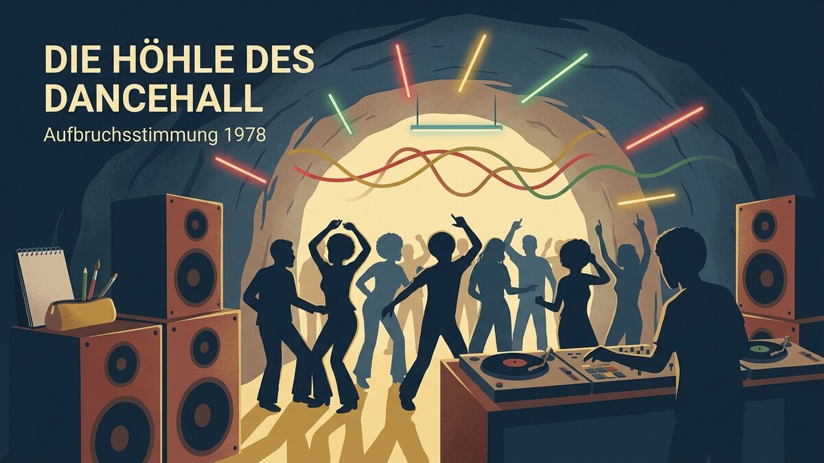 Tanzende Menschen im "Die Höhle des Dancehall" 1978 mit DJ und Lautsprechern