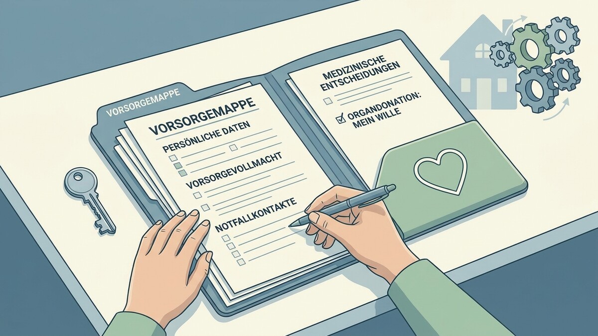 Vorsorgemappe mit Organspende-Formular und Schlüssel auf Schreibtisch