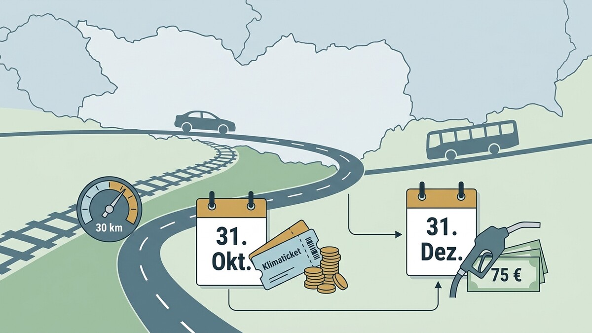 Klimaticket und 75 € auf der Straße mit Auto, Bus und Kalenderblättern