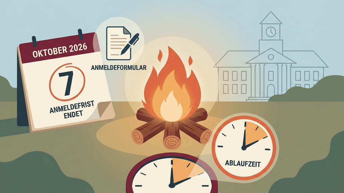 Anmeldefrist endet: Kalenderblatt mit 7. Oktober 2026, Feuer, Uhr, Gebäude