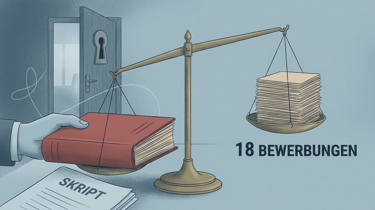 Bewerbungen wiegen mehr als ein Skript auf einer Waage vor einer Tür