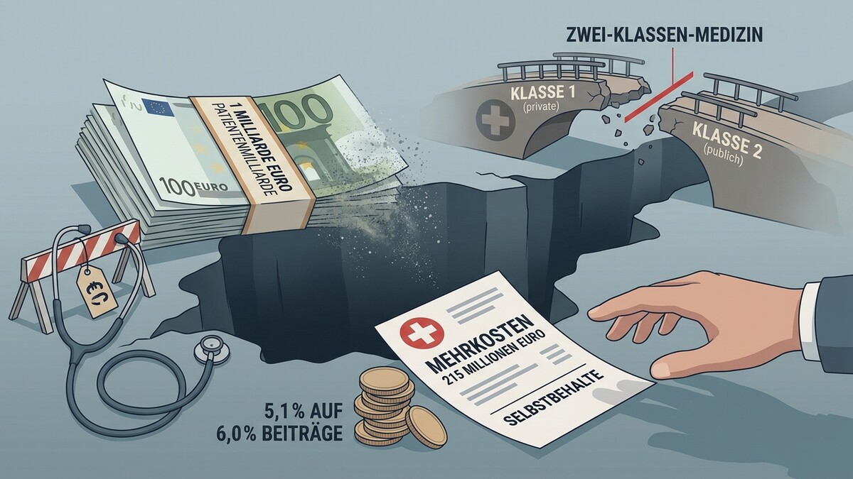 Zwei-Klassen-Medizin: Brücken für Klasse 1 (privat) und Klasse 2 (öffentlich) brechen über Graben.