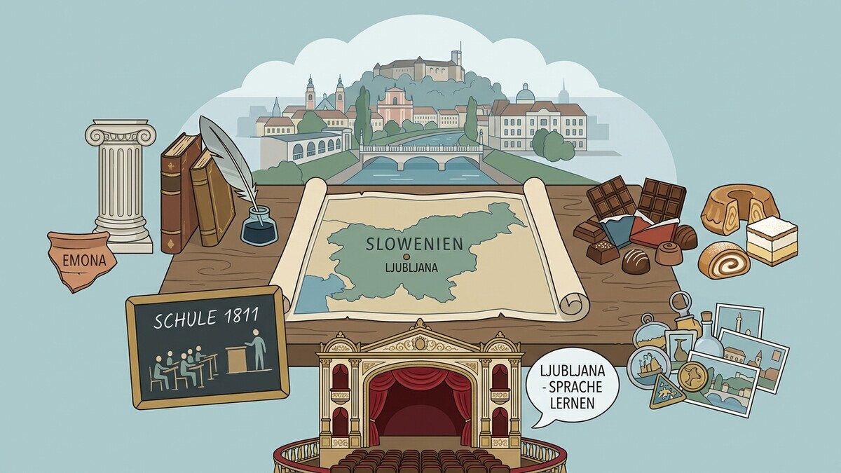 Slowenien-Karte mit Ljubljana, Schokolade, Süßigkeiten, Theater und Lernsymbolen