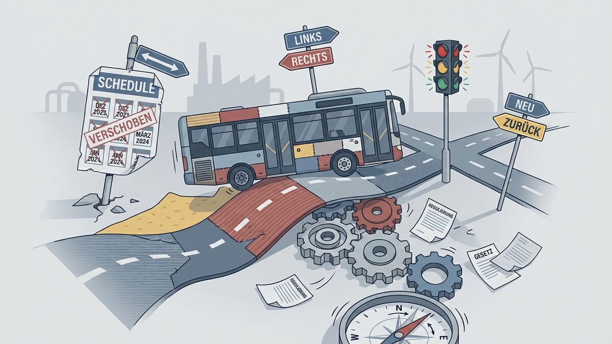 Bus mit Patchwork-Design steht an Weggabelung mit Schildern nach links, rechts, neu und zurück.