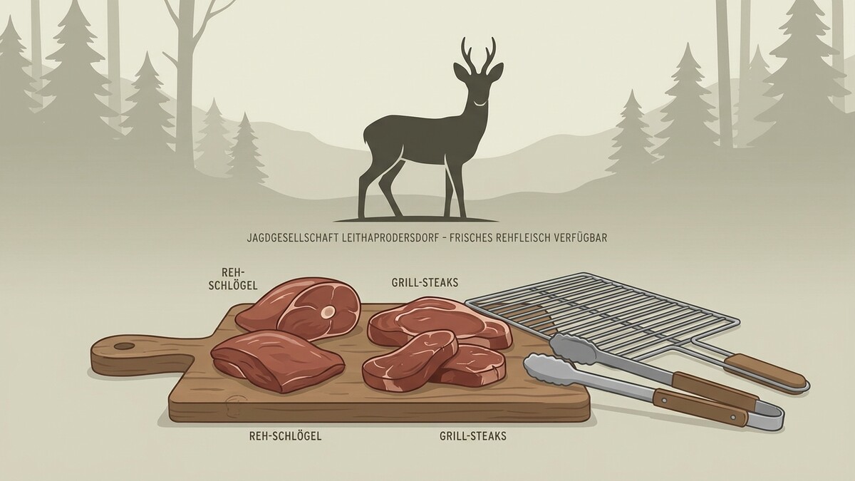 Rehfleisch-Steaks und Rehschlögel auf Holzbrett mit Grillrost und Zange