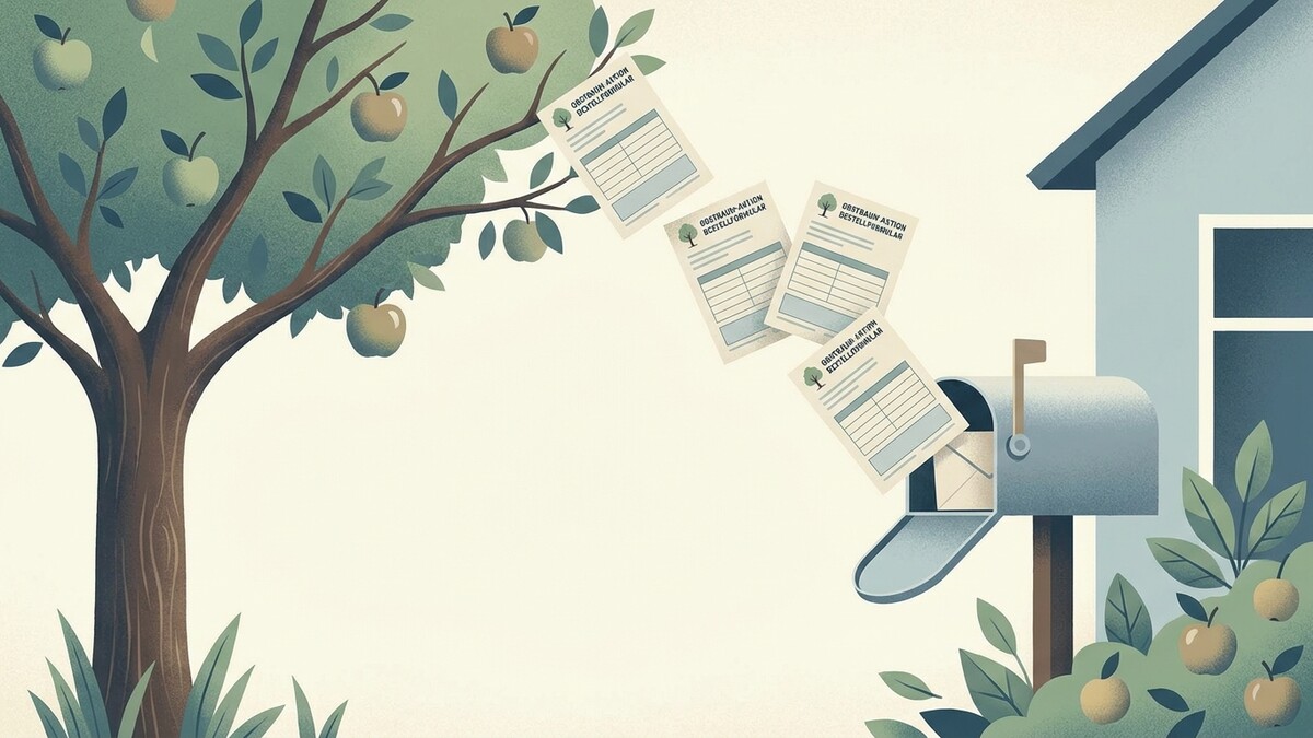 Obstbaum-Aktion Bestellformulare fliegen von einem Baum zu einem Briefkasten vor einem Haus
