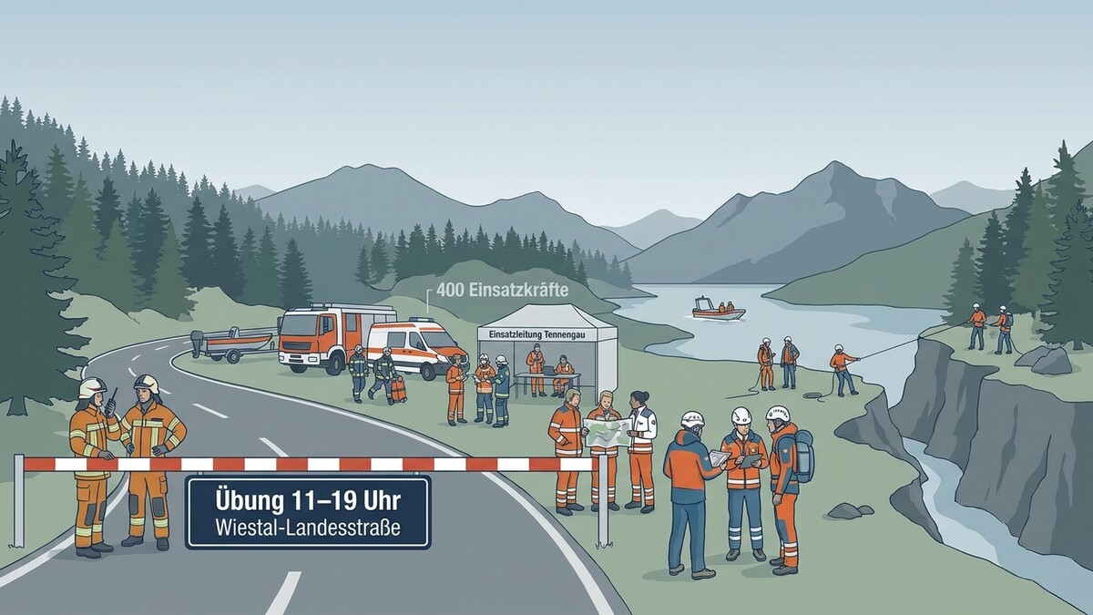 Einsatzübung am Tennegau mit 400 Einsatzkräften und Boot am See