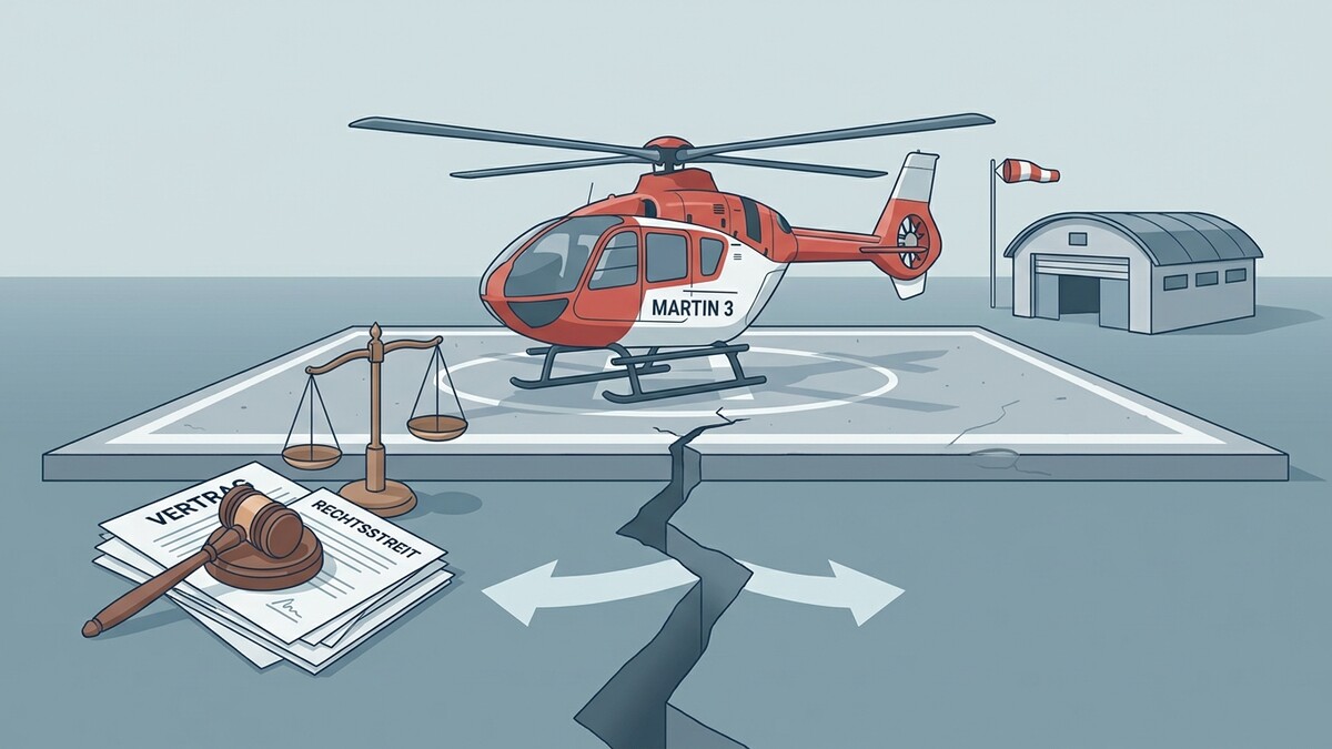 Helikopter Martin 3 auf Heli-Landingpad mit Waage und Verträgen vor einem Riss im Boden