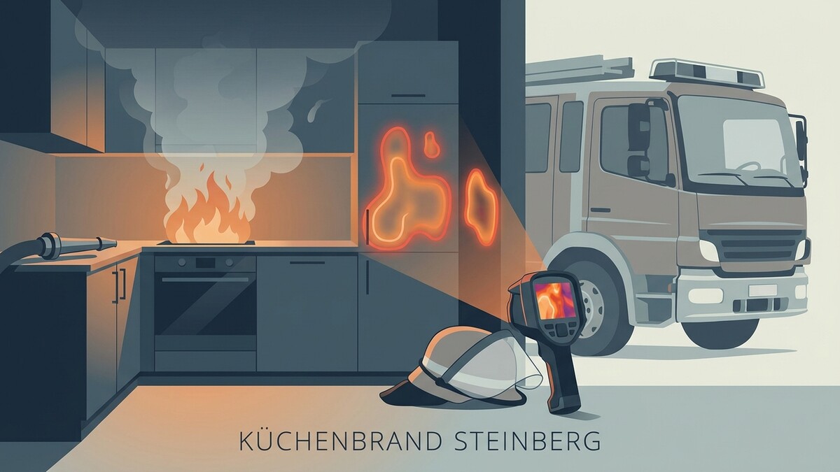 Küchenbrand Steinberg: Feuer auf Herd, Wärmebildkamera und Feuerwehrauto