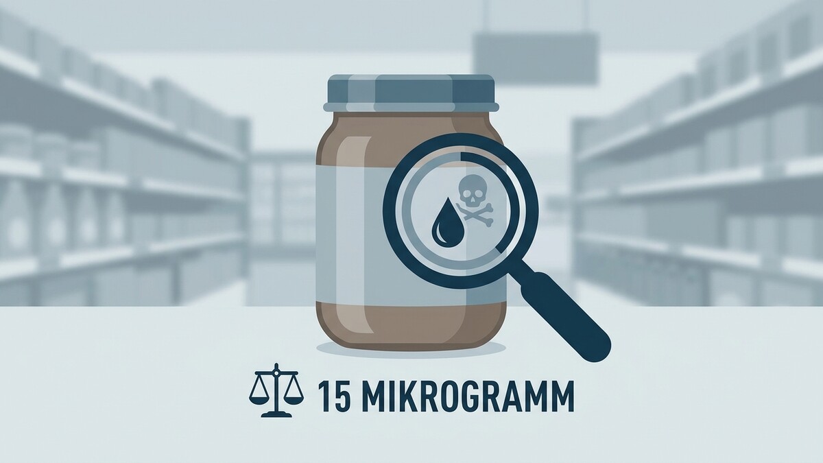 15 Mikrogramm Giftgehalt im Glas mit Lupe und Totenkopf-Symbol