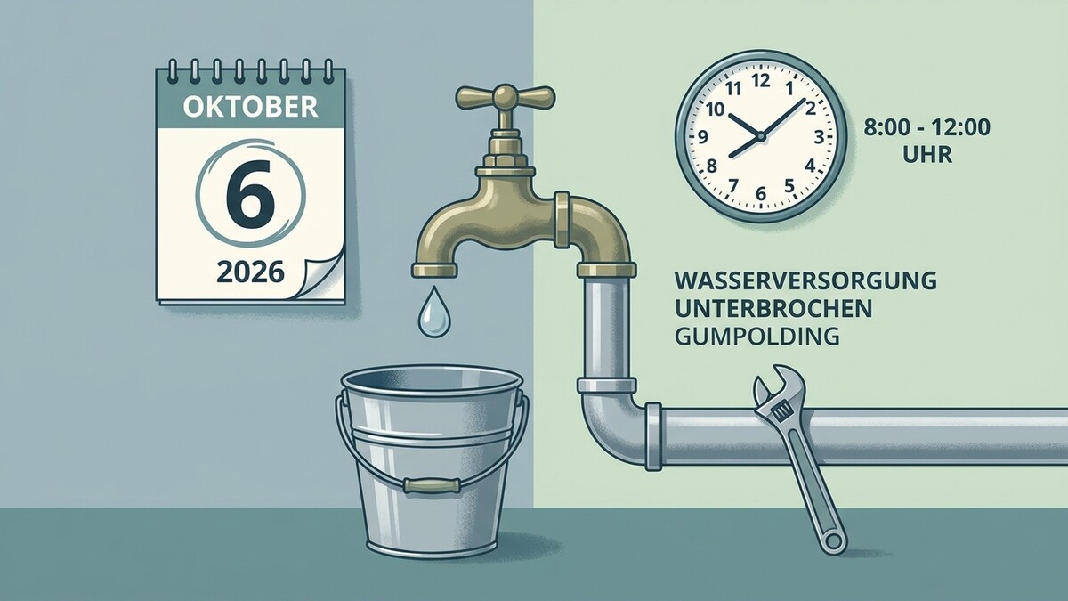 Wasserversorgung unterbrochen Gumpolding 6. Oktober 2026, 8-12 Uhr, Uhr, Kalender, Eimer, Wasserhahn, Rohre, Schraubenschlüssel