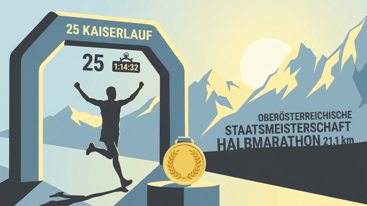 Kaiserlauf 25 mit Läufer und Medaille vor Bergkulisse, Oberösterreichische Staatsmeisterschaft Halbmarathon