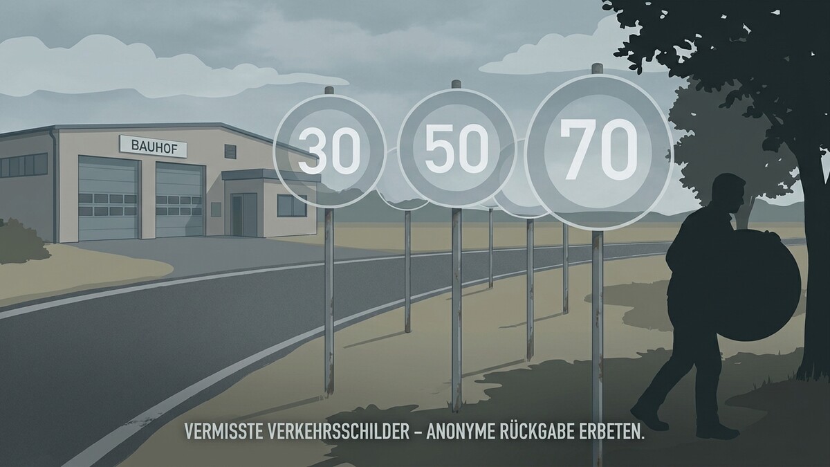 Verkehrsschilder 30, 50, 70 und Mann mit Schild vor Bauhof