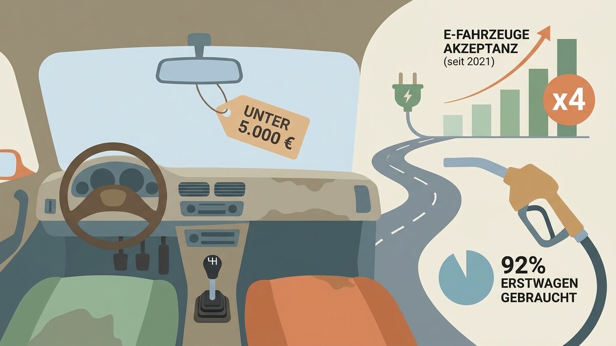 Gebrauchtwagen mit Preisschild unter 5.000 € und Infografik zu E-Fahrzeugen