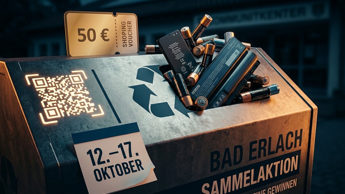 Sammelaktion Bad Erlach: Batterien, Gutschein, QR-Code, Kalenderblatt 12.-17. Oktober