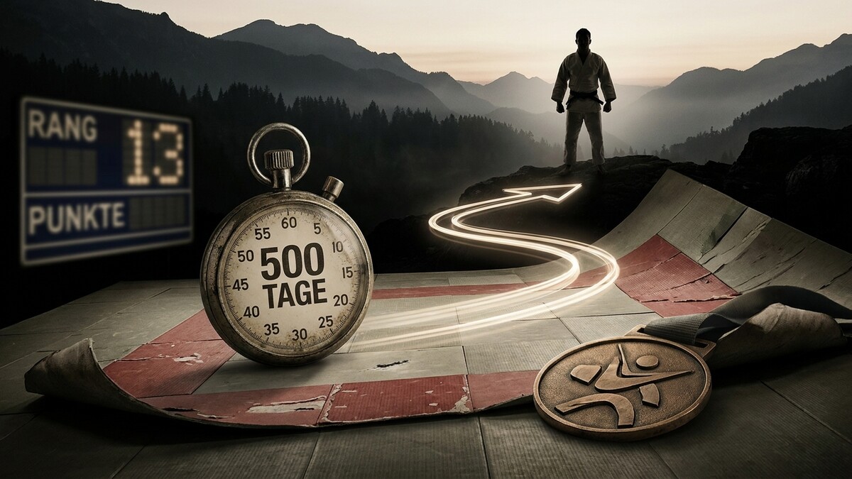 Judo-Training: Stoppuhr mit 500 Tagen, Medaille und Rangliste vor Bergkulisse