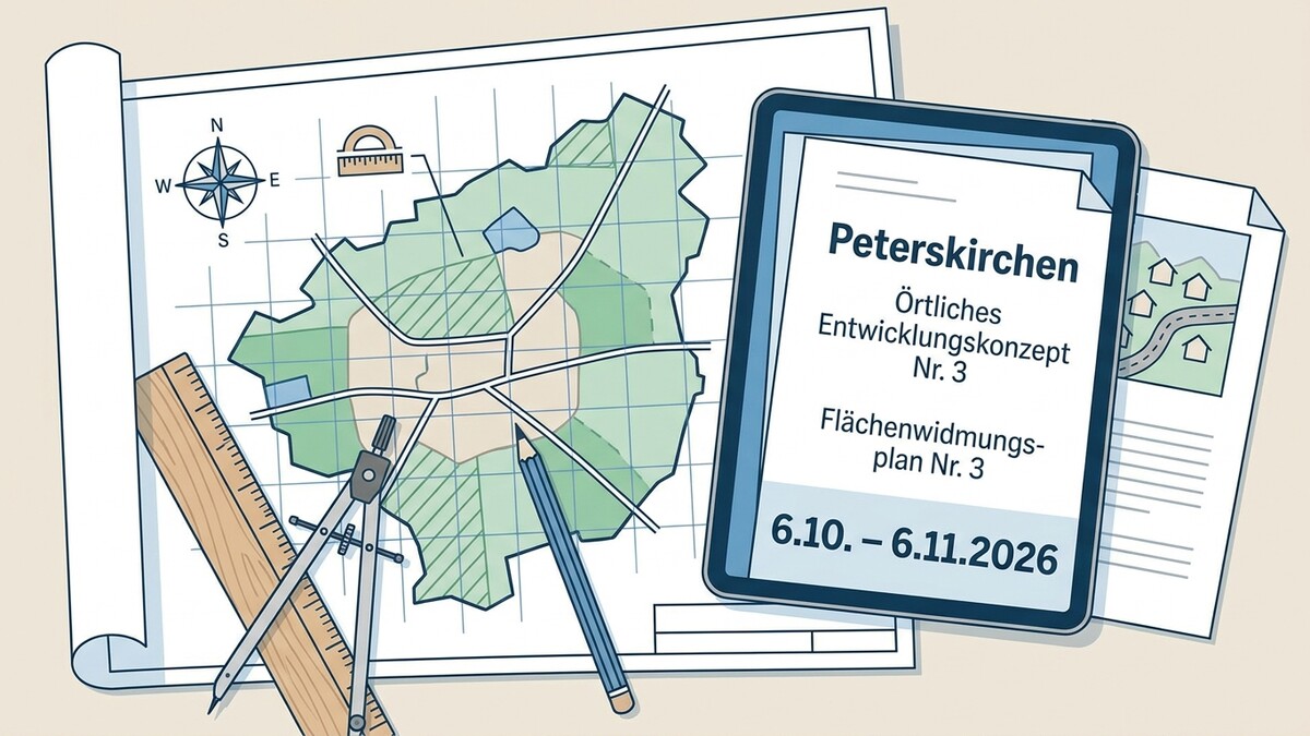 Peterskirchen: Örtliches Entwicklungskonzept Nr. 3 und Flächenwidmungsplan Nr. 3 mit Planungsutensilien