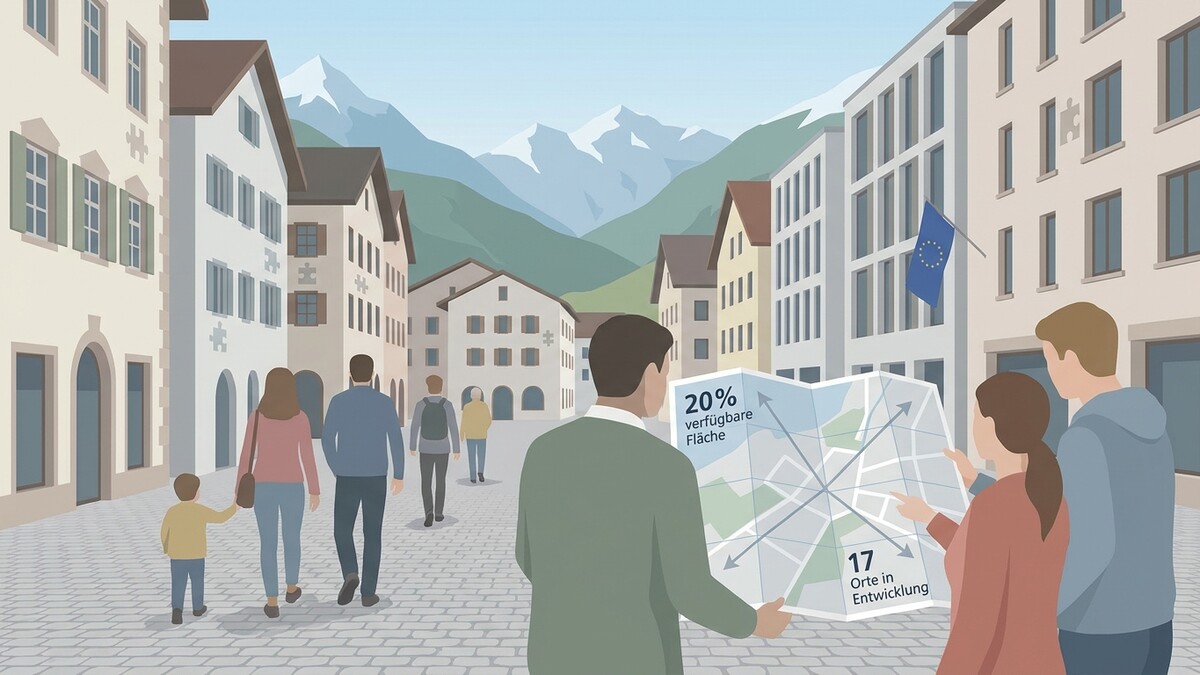 Stadtansicht mit Personen, die eine Karte mit Wachstumsinformationen betrachten