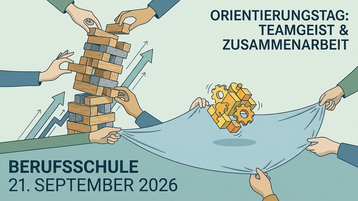 Berufsschule: Teamgeist & Zusammenarbeit mit Jenga-Turm und Zahnrädern auf Tuch