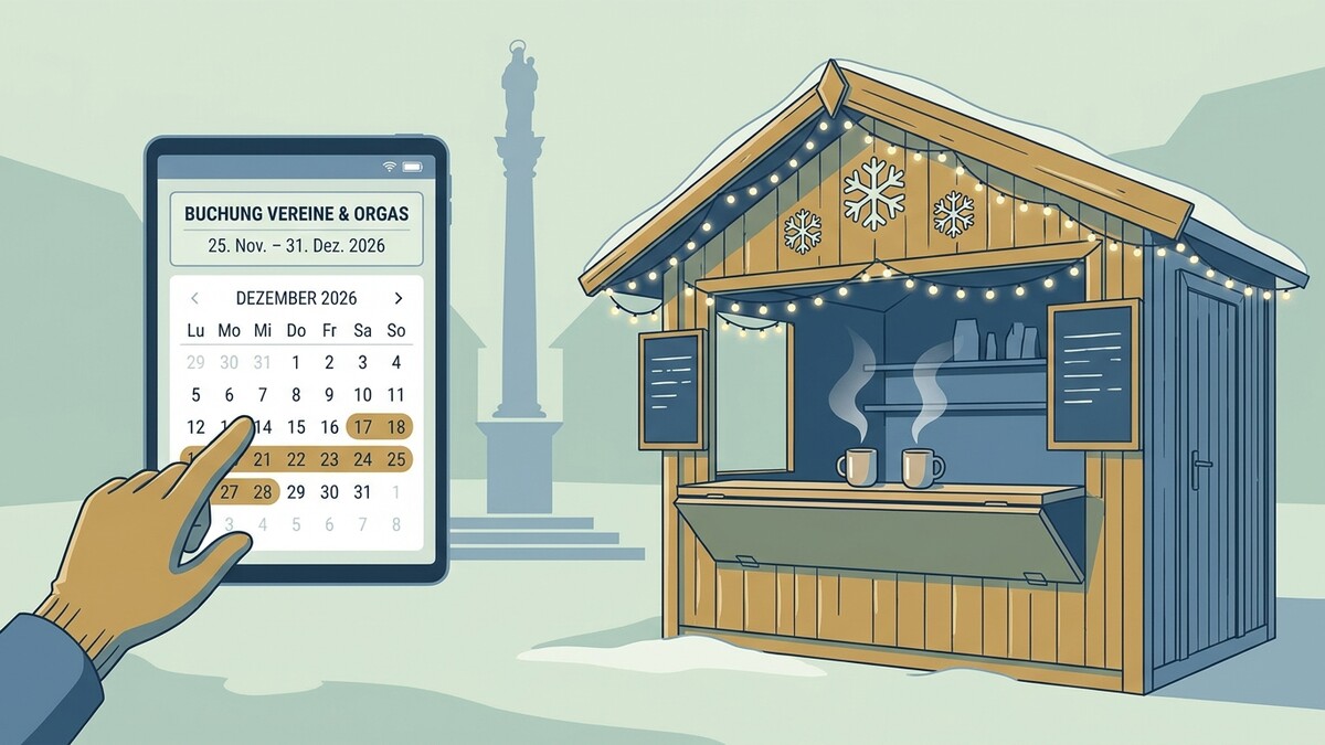 Buchung Kalender Dezember 2026 auf Tablet vor Weihnachtsstand mit Glühwein und Schneeflocken