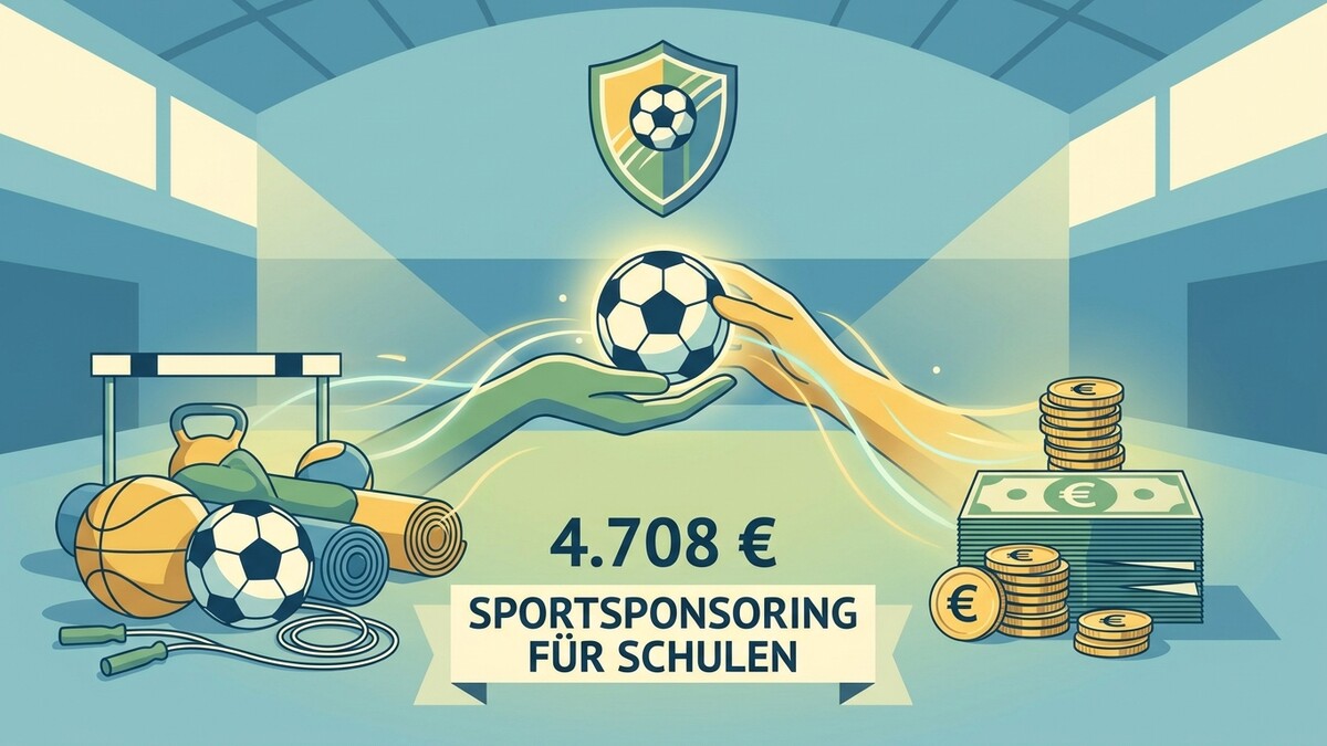 Sportsponsoring für Schulen: Hände übergeben Fußball, Sportgeräte und Geldbündel