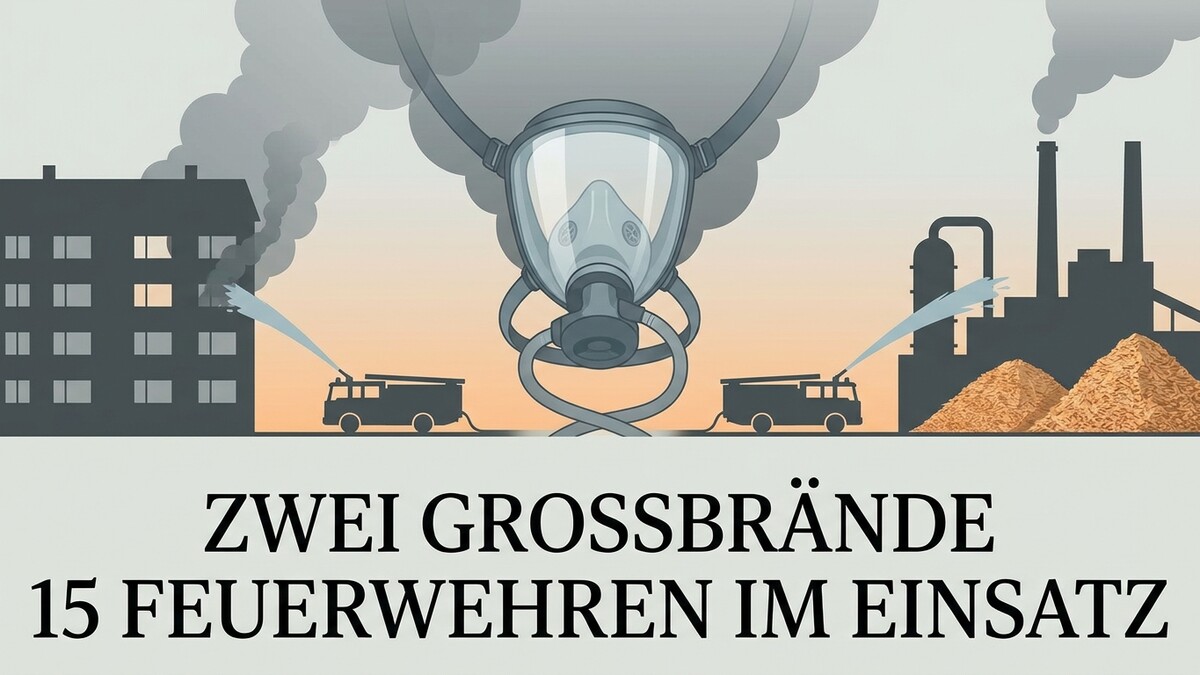 Feuerwehren im Einsatz bei zwei Grossbränden mit Atemschutzmaske und Rauch