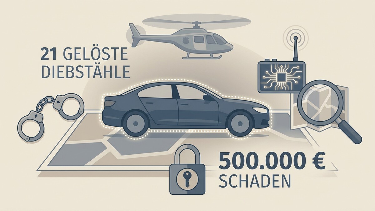 Diebstähle: 21 gelöste Fälle, 500.000 € Schaden, Auto, Hubschrauber, Lupe, Schloss