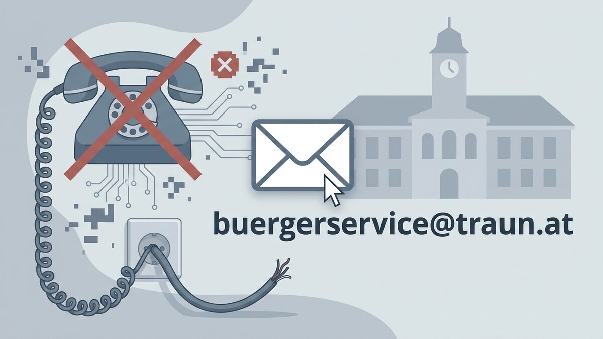 Bürgerservice Traun: E-Mail statt Festnetz, Rathausgebäude im Hintergrund.