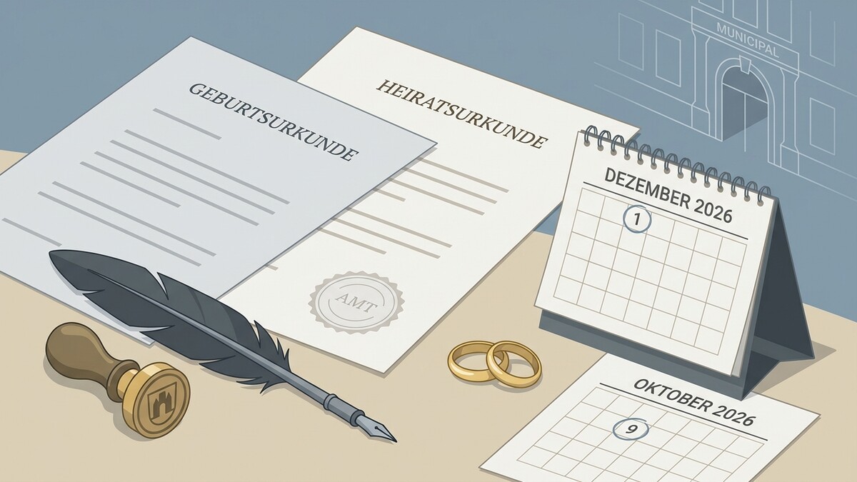 Geburtsurkunde, Heiratsurkunde, Siegel, Feder, Trauringe und Kalender mit markiertem 1. Dezember 2026