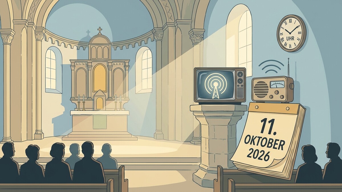 Kirche mit Altar, Gläubigen, Fernseher und Kalenderblatt 11. Oktober 2026