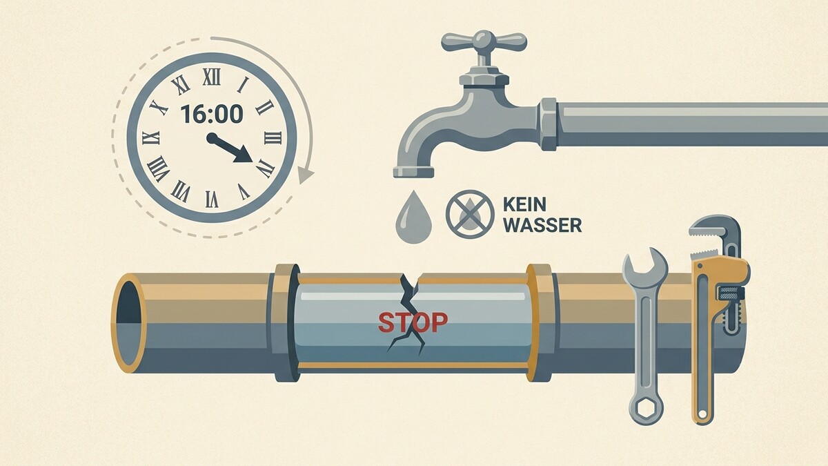 Rohrbruch mit Werkzeug und Uhr, kein Wasser aus dem Hahn, Stopp-Schild