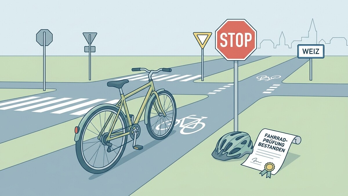 Fahrradprüfung bestanden in Weiz: Rad, Helm und Zeugnis auf Radweg