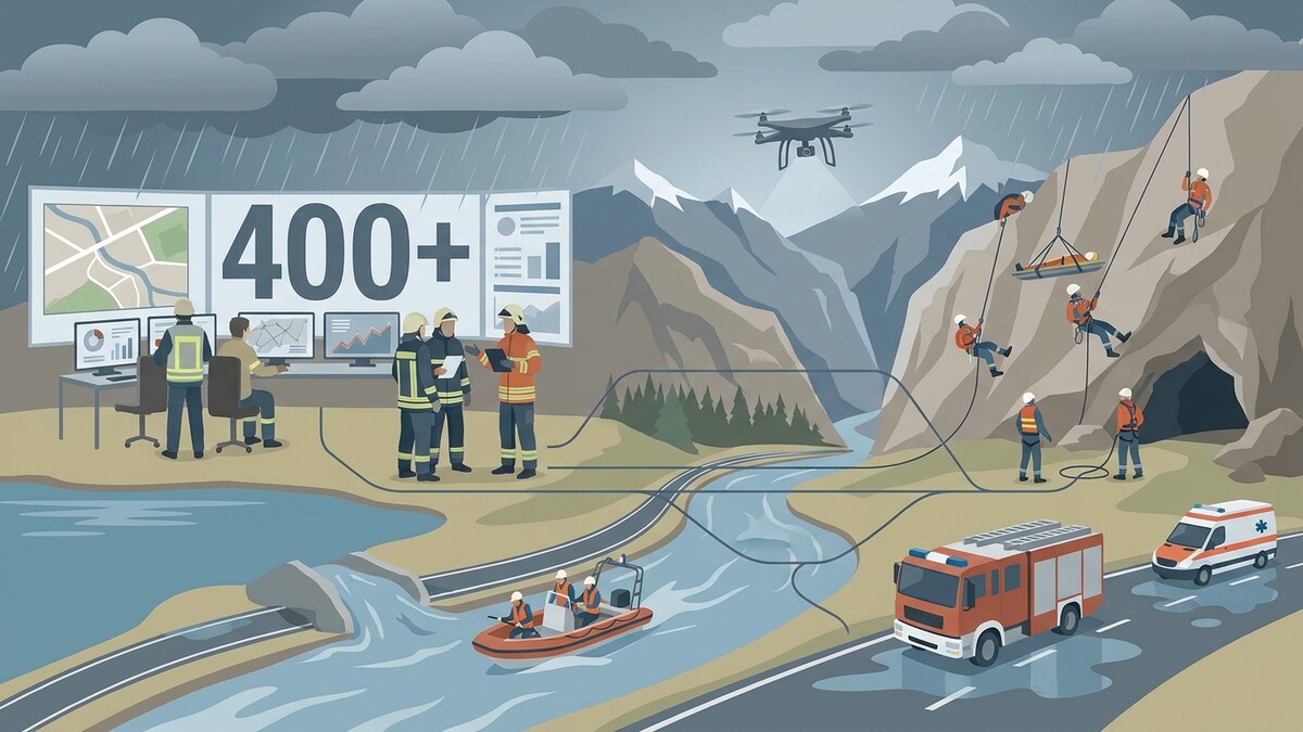 Bergrettung mit Drohne und Einsatzleitung im Regen bei 400+ Einsätzen in den Alpen.