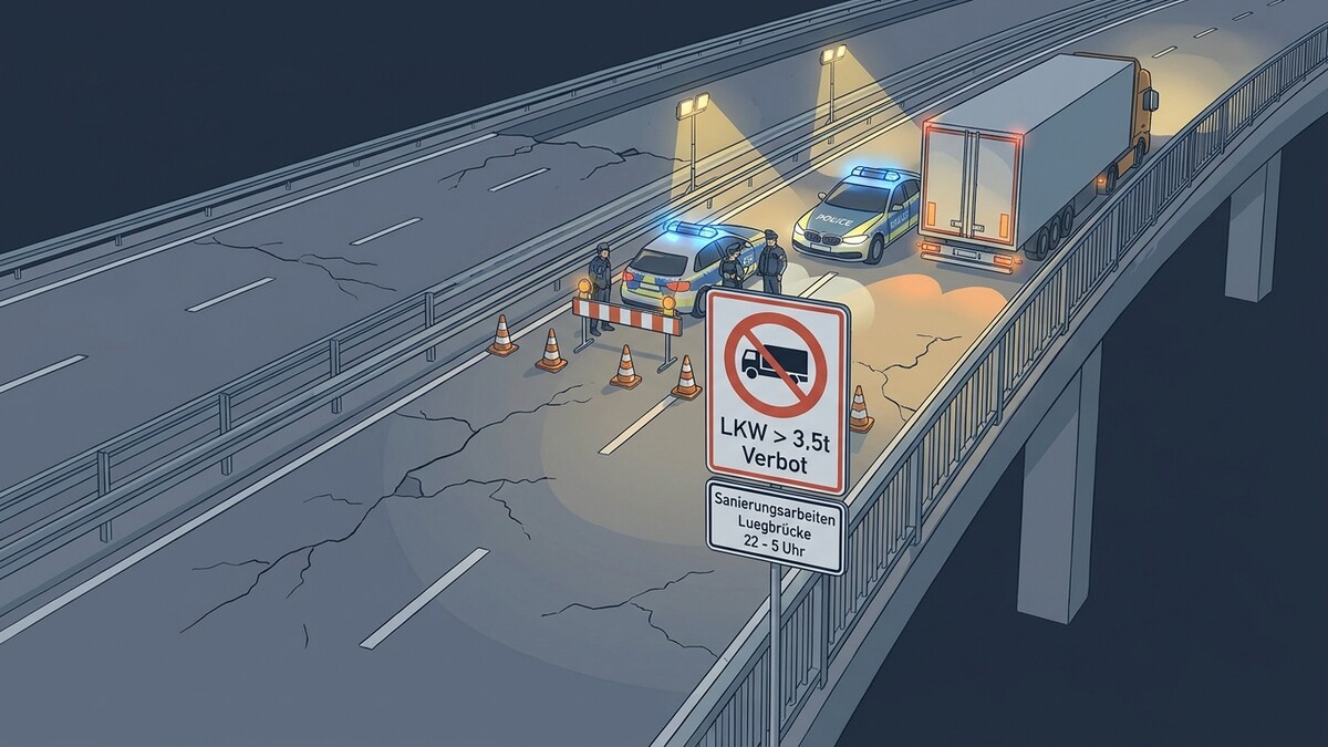 Polizei sperrt Autobahnbrücke wegen LKW-Verbot und Sanierungsarbeiten, LKW-Verbot über 3,5t