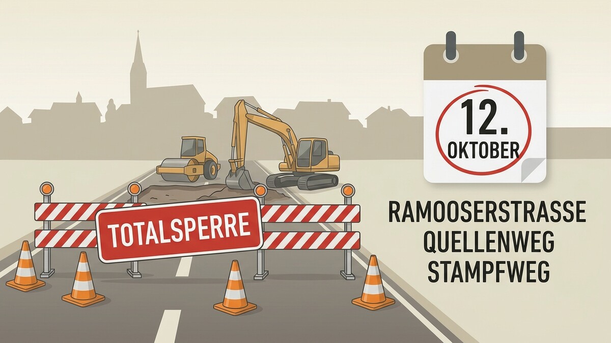 Straßensperre am 12. Oktober in Ramooserstrasse, Quellenweg, Stampfweg mit Bagger und Walze