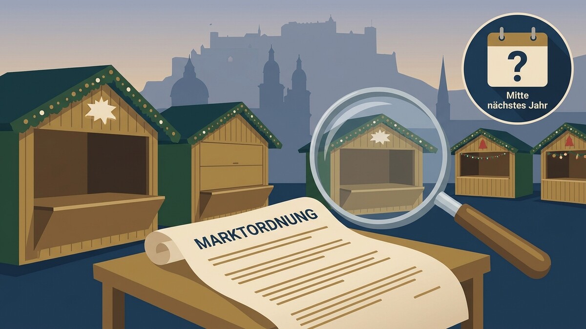 Marktordnung-Dokument vor leerstehenden Marktständen mit Festung im Hintergrund, Lupe und Kalendersymbol