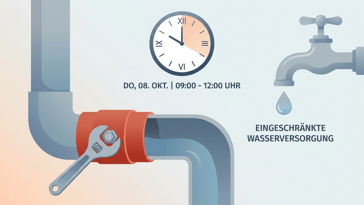 Wasserversorgung eingeschränkt wegen Reparatur am DO, 08. Okt. von 09:00-12:00 Uhr
