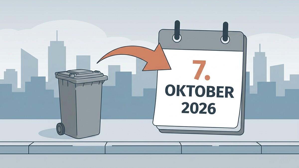 Mülltonne zeigt auf Kalenderblatt 7. Oktober 2026 vor Stadtsilhouette