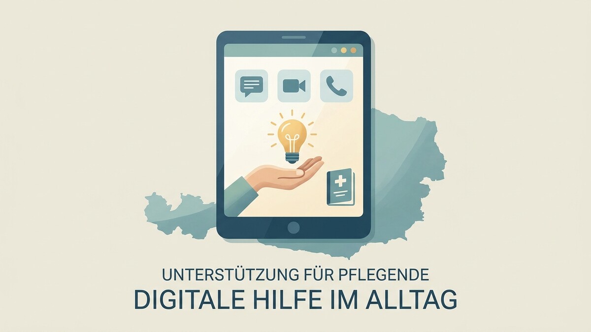 Digitale Hilfe in Österreich: Smartphone mit Glühbirne und Buch über Österreichkarte
