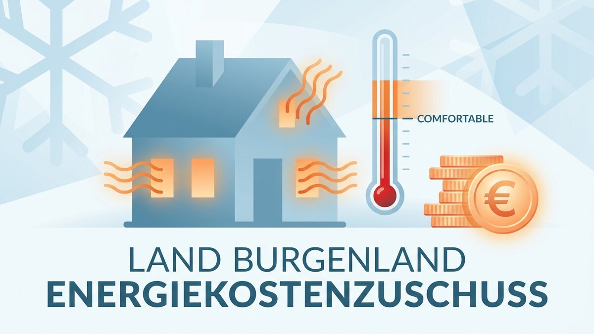 Energie Kostenzuschuss Burgenland: Haus mit Heizung, Thermometer und Euros.