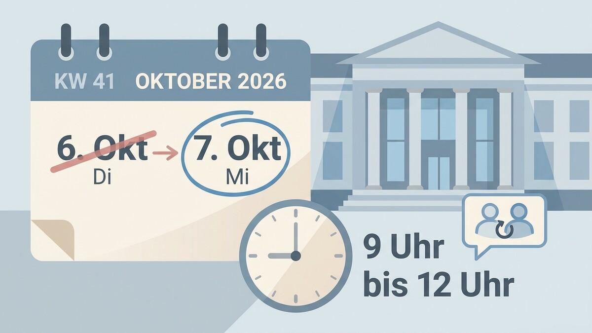 Kalender 6. Okt Di auf 7. Okt Mi, Uhrzeit 9-12 Uhr, Gebäude