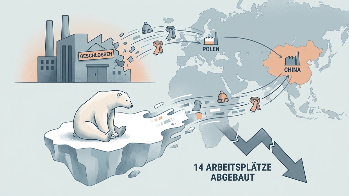 Geschlossene Fabrik in Österreich, Eisbär auf schmelzender Scholle, Kleidung nach Polen und China, 14 Arbeitsplätze abgebaut.