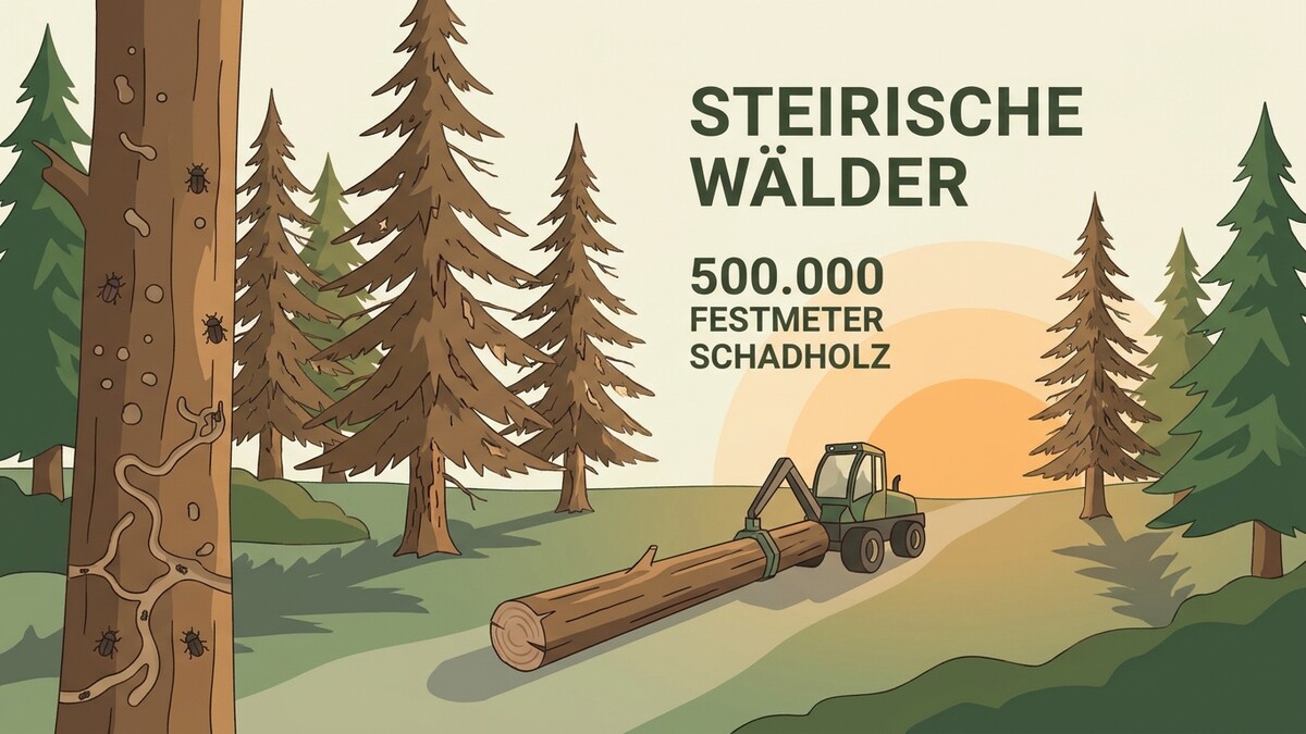 Steirische Wälder: 500.000 Festmeter Schadholz, Forstmaschine lädt Baumstamm