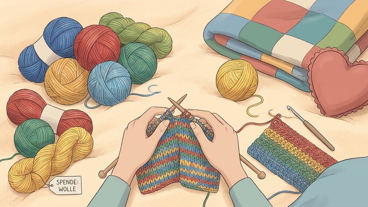 Bunte Wolle und Hände, die stricken und häkeln, daneben eine Steppdecke und ein Herzkissen.