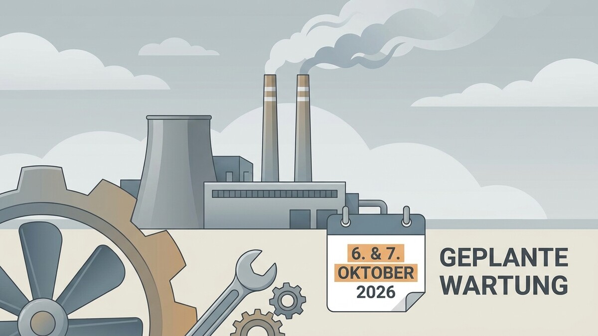 Geplante Wartung 6. & 7. Oktober 2026, Industrieanlage mit Kühlturm und Schornsteinen
