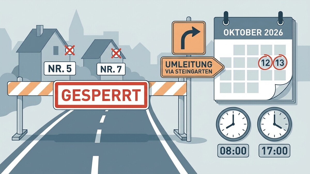 Straßensperre mit Umleitung via Steingarten und Kalender für Oktober 2026
